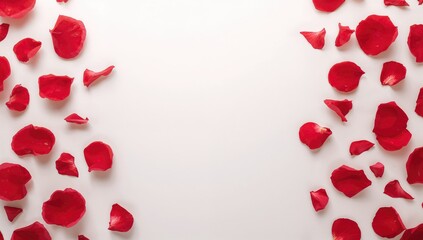 Isolated red rose petals drifting on a white surface, designed as a background for love messages on special occasions