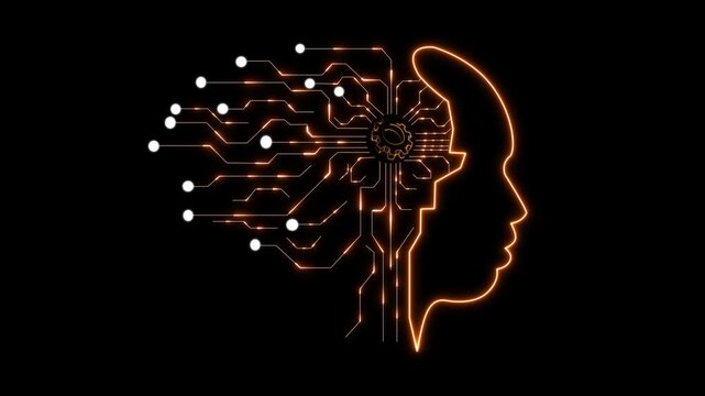 A human head silhouette contains bright neon circuits with connecting lines, representing the concept of artificial intelligence and data processing 4k motion video.