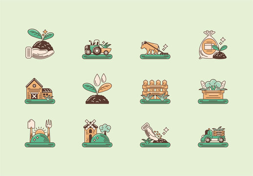 Colorful agriculture farming harvest field countryside Illustrations Set