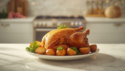 Oven-cooked chicken with roasted potatoes, emphasizing home cooking techniques for midday meal