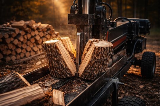Firewood being split efficiently with an automated log splitting machine