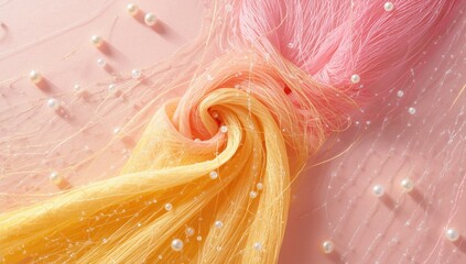 Decorative background with pink and yellow hues accented by strings and crystal pearls, ideal for stitching and fashion design