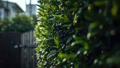 Garden leaf camera monitoring neighbor movements for property security, privacy awareness month