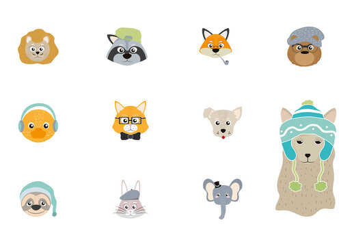 Colorful Animal Head Cartoon Icons Set