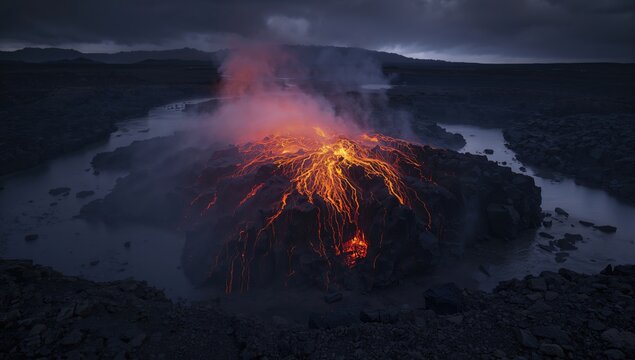Volcanic eruption captured from above showing fissure with intense heat, focusing on geological processes, Earth Day