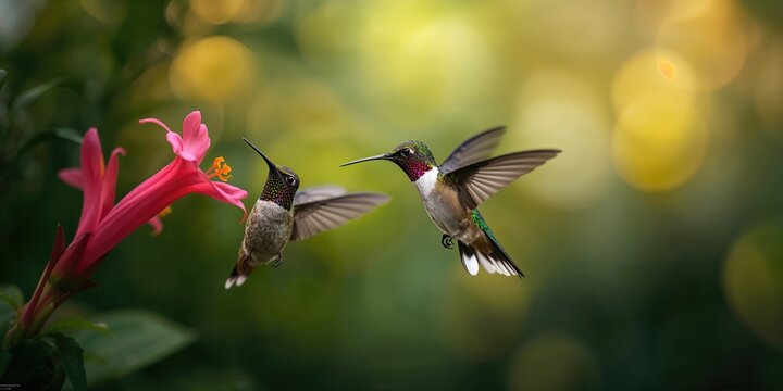 Two hummingbirds flying by the ping flower with the White Tailed Hillstar, focusing on pollinator activity, Earth Day