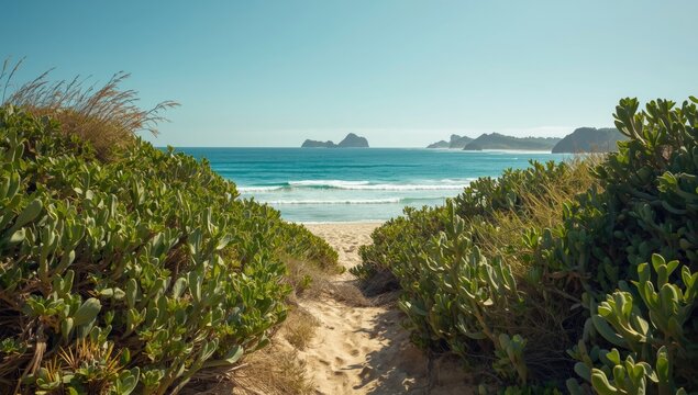 South American coastal restinga plant life with clear blue ocean backdrop, highlighting native shoreline habitat
