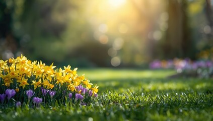 Lush springtime scene featuring blooming yellow daffodils and purple crocuses, ideal for outdoor floral display backgrounds