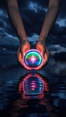 Mystic Hands Holding Glowing Orb Over Dark Water