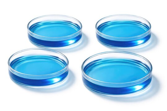 Petri dishes containing cobalt chloride solution placed on bright white background for scientific visualization
