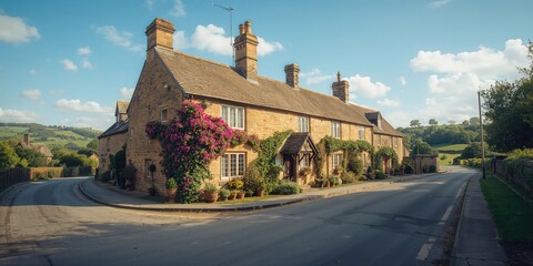 Series of aged stone houses lining a small street with garden areas, showcasing rural architecture, England, heritage day