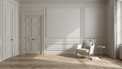 Classic furniture set within an ivory grey interior featuring detailed wall mouldings and parquet flooring, ideal for editorial headers
