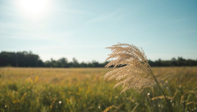 Brightly lit Imperata cylindrica grass under clear blue sky, suitable for nature-themed layout backgrounds