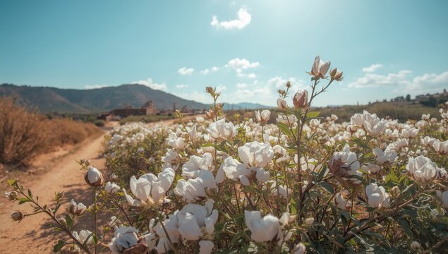 Blooming cotton fields, emphasizing fiber production environment, suitable for farming or industry layouts
