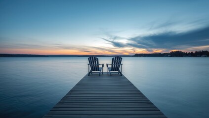 Obraz premium Weathered Adirondack chairs positioned on a pier facing a tranquil lake with a clear sky, ideal for outdoor leisure