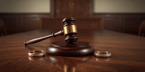 Legal courtroom scene with judges gavel and rings on the bench, focusing on justice administration and courtroom decor