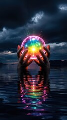 Hands Holding Glowing Cosmic Crystal Ball Over Water