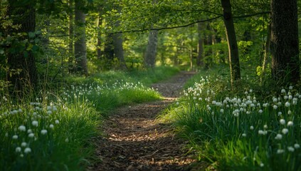Fototapeta premium Forest pathway lined with flowering Ramson, highlighting natural landscape and plant life