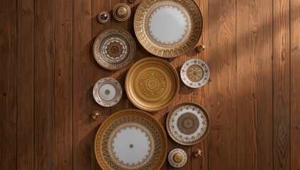 Golden and white plates arranged against a wooden wall create a stylish backdrop for dinnerware, ideal for interior decor
