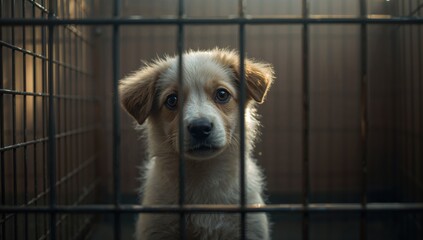 Sad dog confined in shelter enclosure, highlighting pet care and adoption needs
