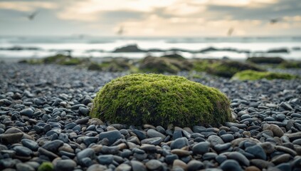 Moss-covered stones and pebbles on the coastal edge, shoreline preservation