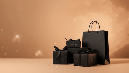 Black gift boxes and shopping bags set on a surface, focusing on product organization and visual appeal