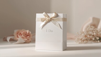 Luxury white paper bag adorned with a gold ribbon and I do inscription, designed for wedding accessories and gifts, wedding day theme