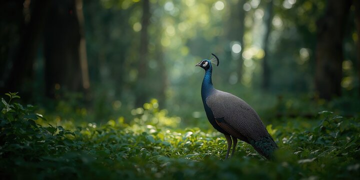 Grey peacock pheasant among dense foliage in a wildlife reserve, highlighting habitat preservation