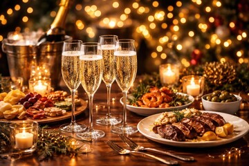 Joyful festive atmosphere featuring sparkling beverages and gourmet dishes with bokeh light effects