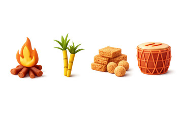 A Vibrant Collection of Traditional Symbols Featuring a Campfire, Bamboo, Sweet Treats, and a Drumming Instrument Representing Cultural Heritage