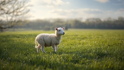 Obraz premium Sheep grazing in a sunny farm setting among trees, highlighting rural landscape and animal husbandry, World Animal Day