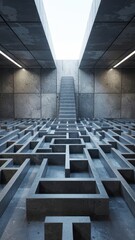 Ascending Stairs Through a Futuristic Maze Toward Light