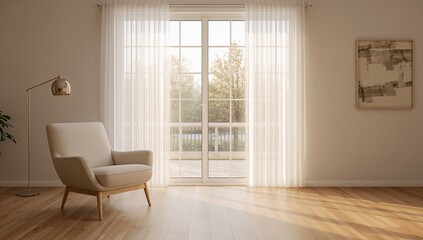 Fototapeta premium Sunny interior with expansive window and comfortable armchair, suitable for leisure activities