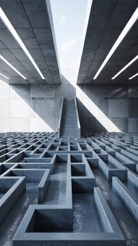 Modern Concrete Labyrinth Leading Up to Bright Sky