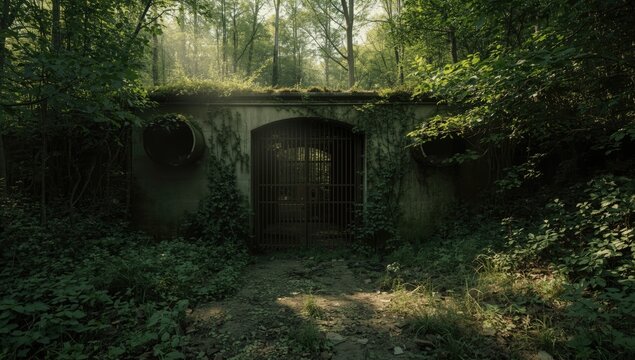 Decommissioned Cold War nuclear bunker concealed in woodland with secured steel entrance and ventilation openings, preservation concerns