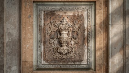 Detailed stone carving displaying floral patterns and a central urn shape, intended for architectural restoration