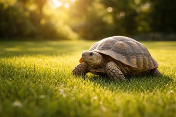 Content turtle moving slowly across a full length green grass lawn on a sunny summer afternoon