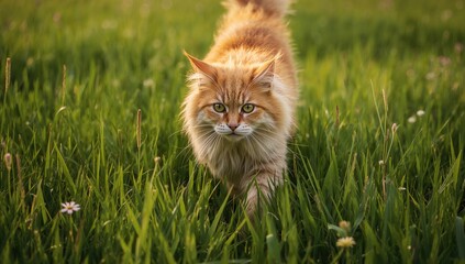 Home cat playing in the lawn, highlighting activity and curiosity, ideal for pet health and wellness campaigns