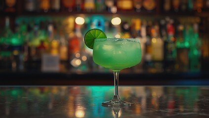 Lime-topped cocktail placed on bar surface, highlighting drink service and garnishing techniques