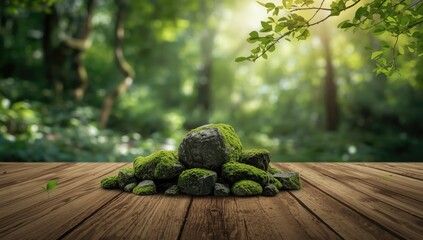Moss-covered rocks on a forest floor, used as a natural landscape element in environmental scenes
