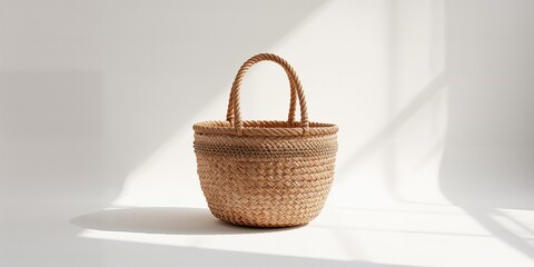 Fototapeta premium Natural bast material crafted into a basket, designed as a background for product presentation or editorial layouts