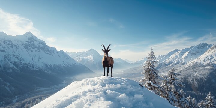Snowy mountain landscape with a mountain goat, highlighting alpine animal resilience - Powered by Adobe