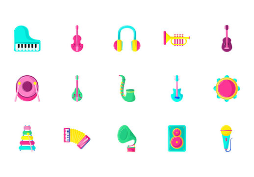 Colorful Music Sound Guitar Trumpet Instrument Illustrations Set