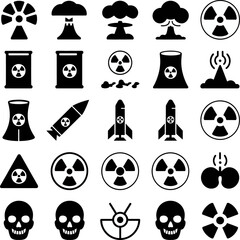 Collection of black nuclear weapon and radiation hazard icons depicting missiles, reactors, explosions, power plants, and warning symbols set.