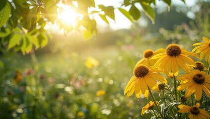 Cluster of yellow Echinacea with green foliage in a natural setting, attracting pollinators