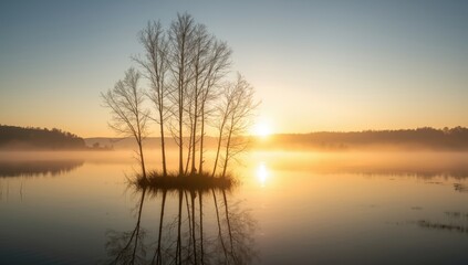 Sunrise over a lake with reflected birch trees and clear blue water, highlighting peaceful wilderness