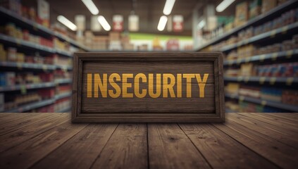 Sign reading INSECURITY placed before blurred grocery shelves emphasizes economic hardship and supply challenges, World Food Day