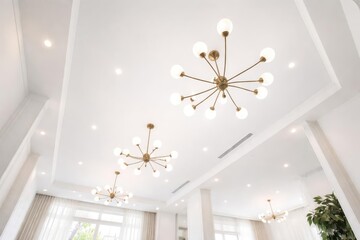 Interior space bottom angle emphasizing a bright white ceiling and chic contemporary lights