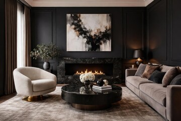 Contemporary luxury living room interior featuring dark walls and stylish chair background