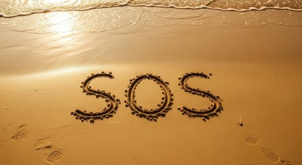 SOS Message Written in Sand on Beach